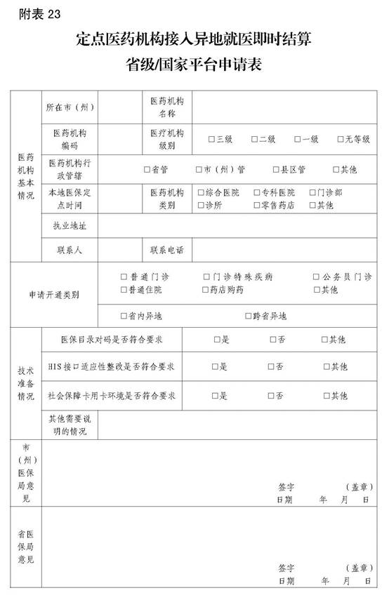 23定点医院药店接入异地就医即时结算省级国家平台申请表